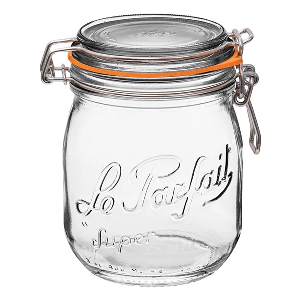 Le Parfait Super Jar, Canning Jars, 750mL French Glass Canning Jar w/Round Body, Glass Jars w/Airtight Lid, Canning Jar Wide Mouth, Glass Jar w/Lid, Clear Jars, Clear Glass Jar (24oz/Pint & Half, 1pk)