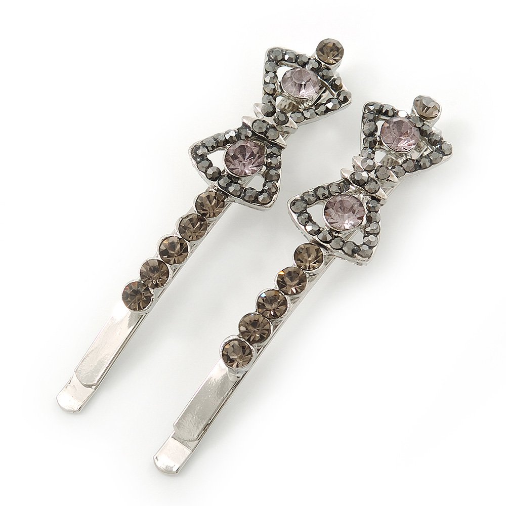 Pair Of Dim Grey Diamante 'Bow' Hair Slides In Rhodium Plating - 60mm Length