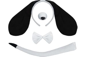 Mototo Dog Costume Set 4 PCS Puppy Animal Costume Black and White Dog Ears Headband and Tail Nose Bow Tie Accessories for Adult Halloween Christmas Theme Party Animal Cosplay