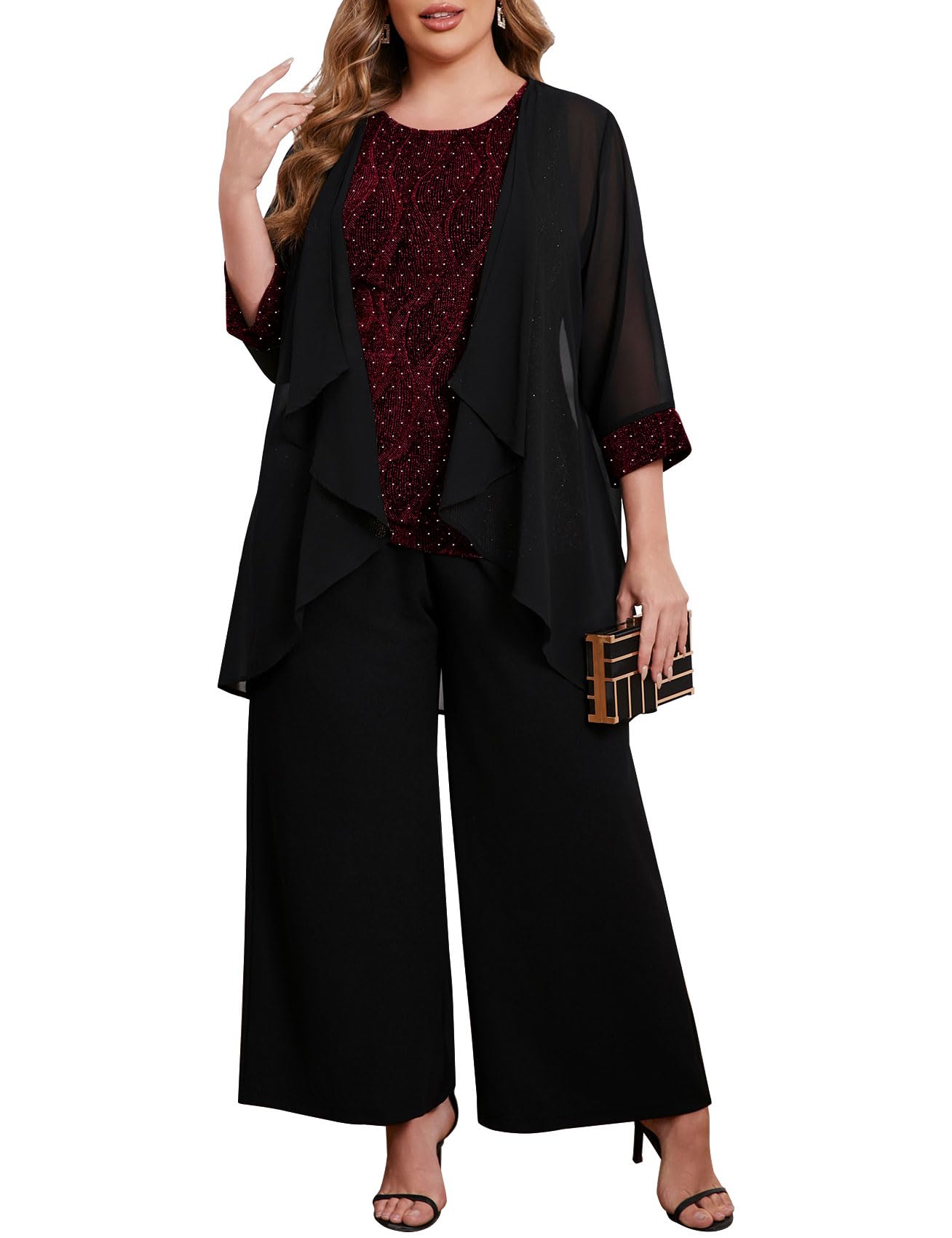 Photo 1 of ZOMVA Plus Size 3 Piece Formal Pantsuit Sparkly Chiffon Jacket Set Dressy Outfit Mother of The Bride Groom, Dark Red & Black, 1X