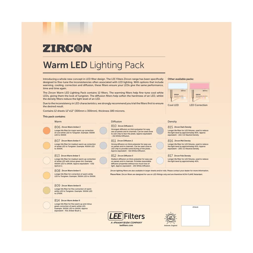 LEE Zircon Warm LED Lighting Gel Filter Pack 300mm x 300mm – Contains 12 Sheets, 1 Sheet Per Colour Totalling 12 sheets