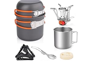 8pcs Camping Cookware Set,Folding Camping Stove Lightweight Pot Pan Set with Stainless Steel Cup and Fork Spoon for Outdoors 