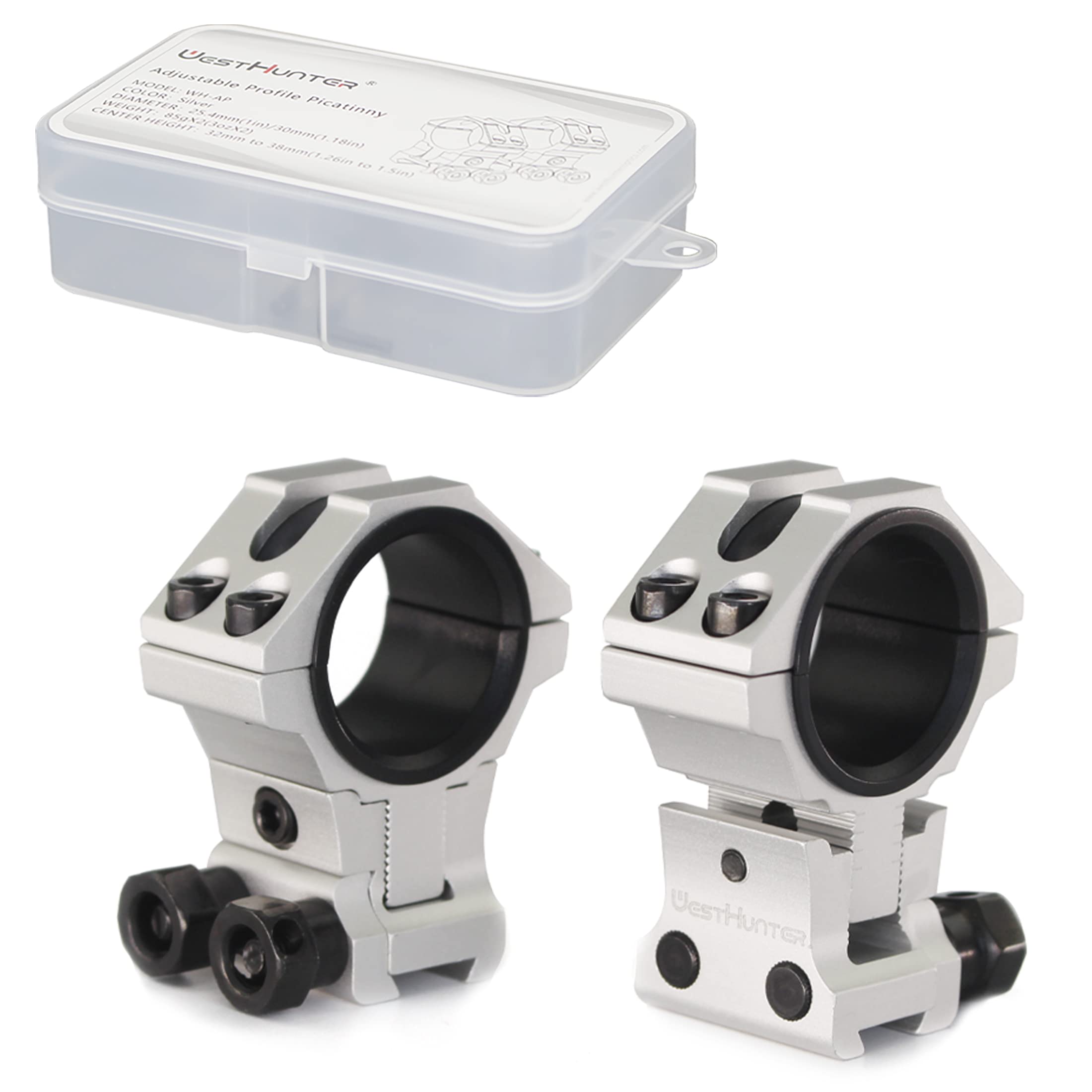 WestHunter Optics Adjustable Height Dovetail Scope Rings, 1 Inch 30 mm Precision Scope Mount | Silver