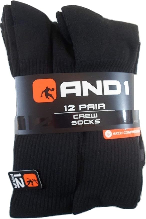 AND1 12 Pairs Black Crew Socks Mens Size 612.5 and 1 Clothing