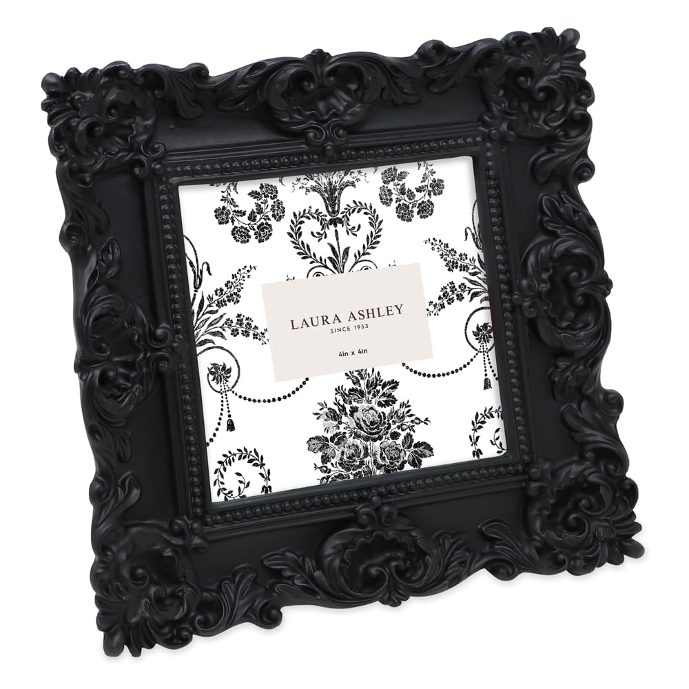 Laura Ashley - Handmade Resin Picture Frame with Easel and Hook for Tabletop and Wall, Decorative Floral Design for Home Decor, Photo Gallery, Art and More (4x4 Inch, Black)