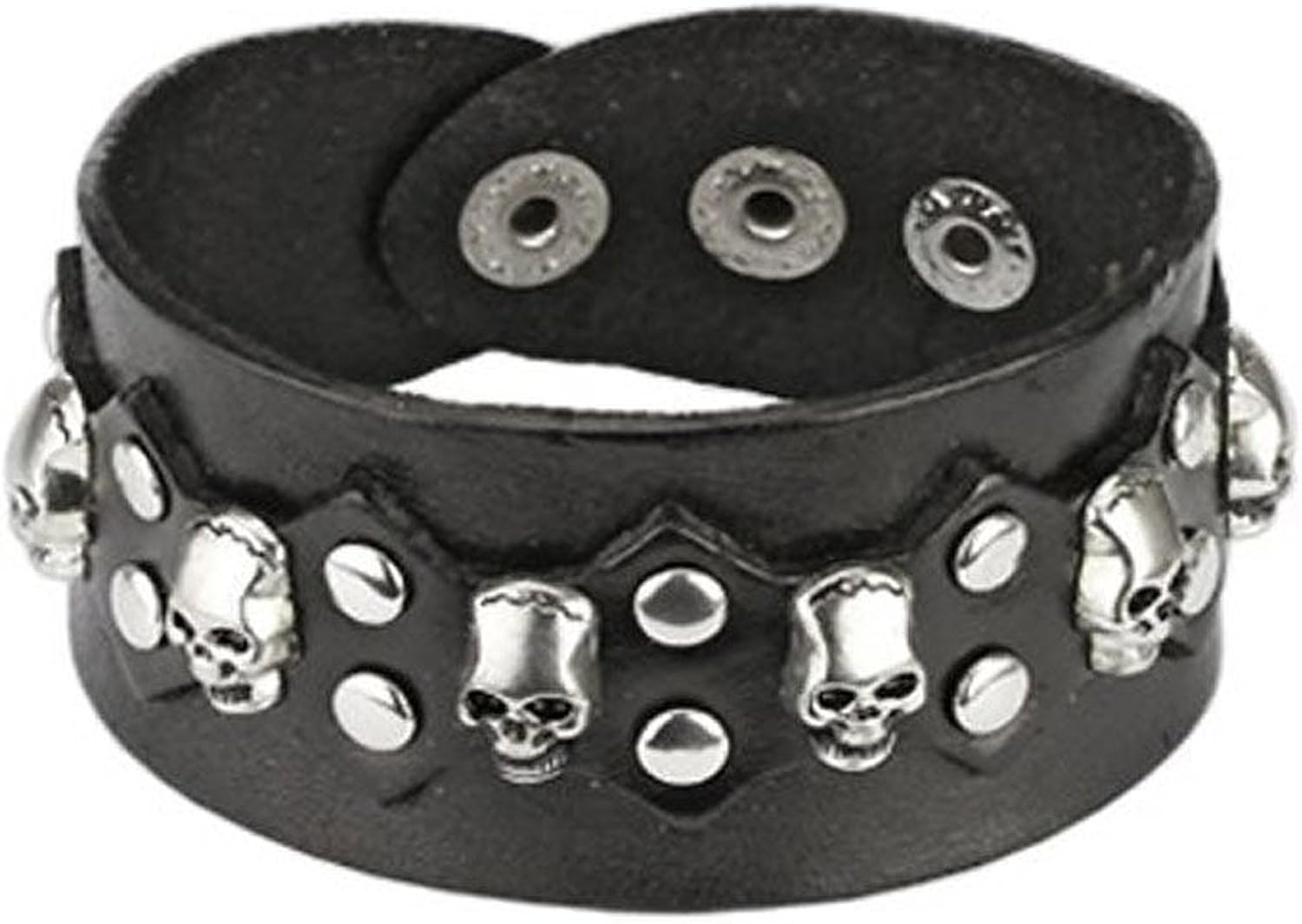 Spikes Black Leather Bracelet with Multi Skulls and Round Studs Center Design Jewelry