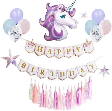Amazon バースデーデコレーション なりきり セット Hanemi ゆめかわ 誕生日 飾り付け ユニコーン オーロラ カラー マカロン パーティー ユニコーン 風船 バルーン おもちゃ