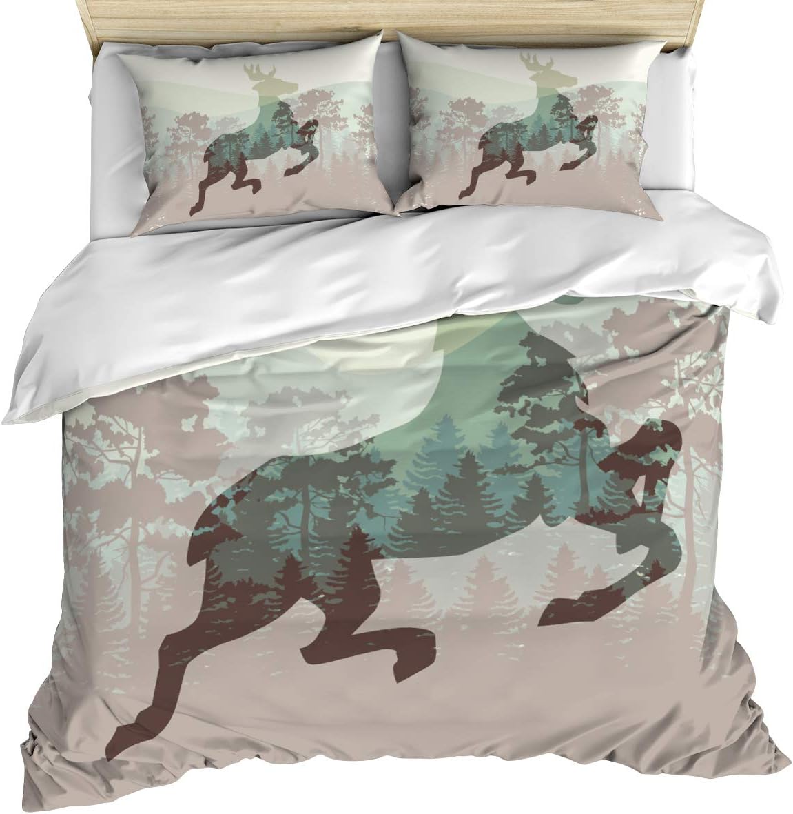 wanxinfu Bedding Set 3 Pcs Duvet Cover Set Full Size, Abstract Christmas Reindeer Silhouette Run Among Mountain Image Quilt Cover Suitable for Adults for Holiday