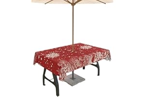 QUEENKER Christmas Outdoor Tablecloth with Umbrella Hole, Waterproof Zippered Table Cloth for Rectangle Tables Snowflake Red Trees Plants Tabletop Collection for Patio, Garden, Picnic, Camping 60 x 102 inch