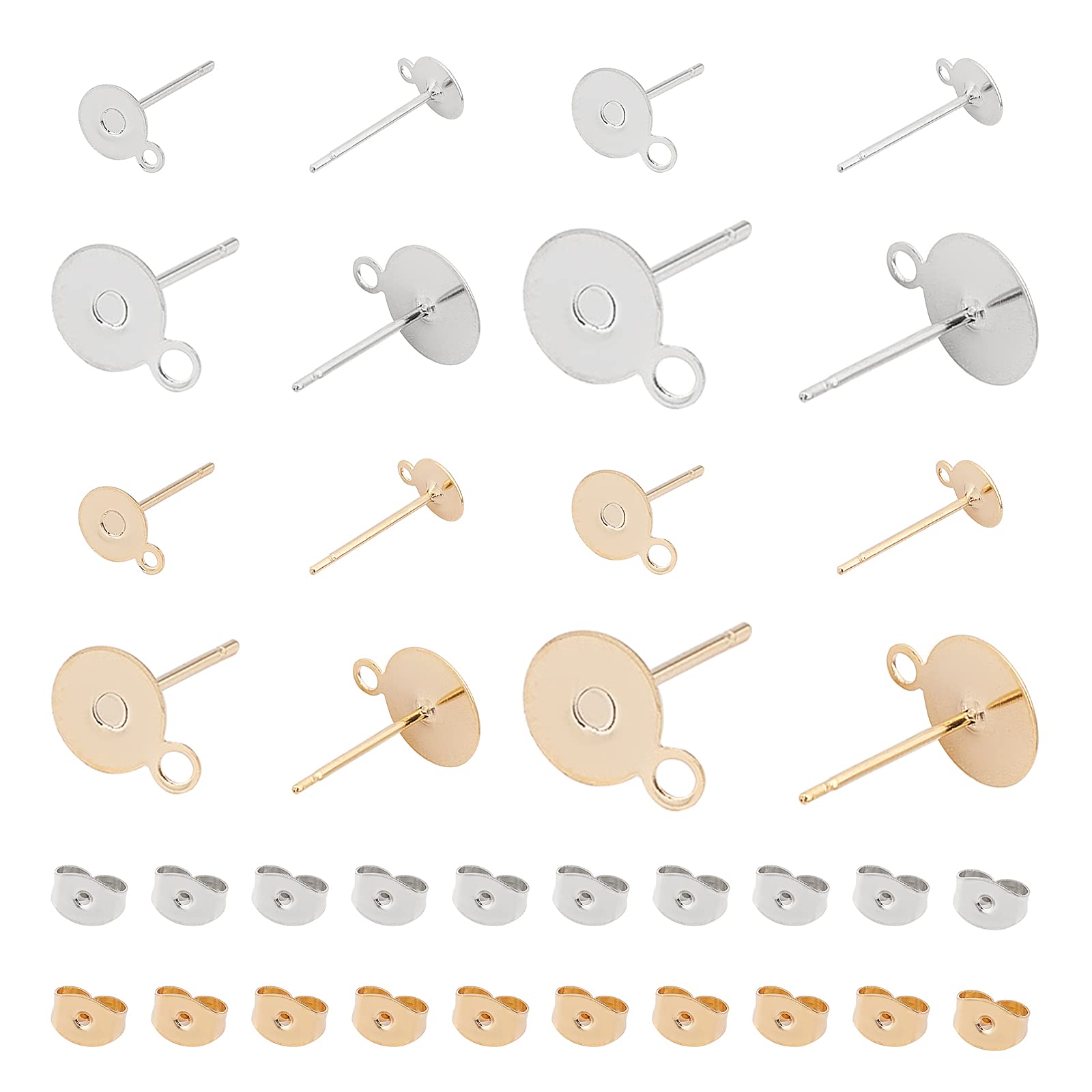 UNICRAFTALE about 80pcs 5/6/8/10mm Flat Round Earring Post Stainless Steel Earring Findings with 80pcs Ear Nuts 0.8mm Pin Earring Component Golden and Stainless Steel Color