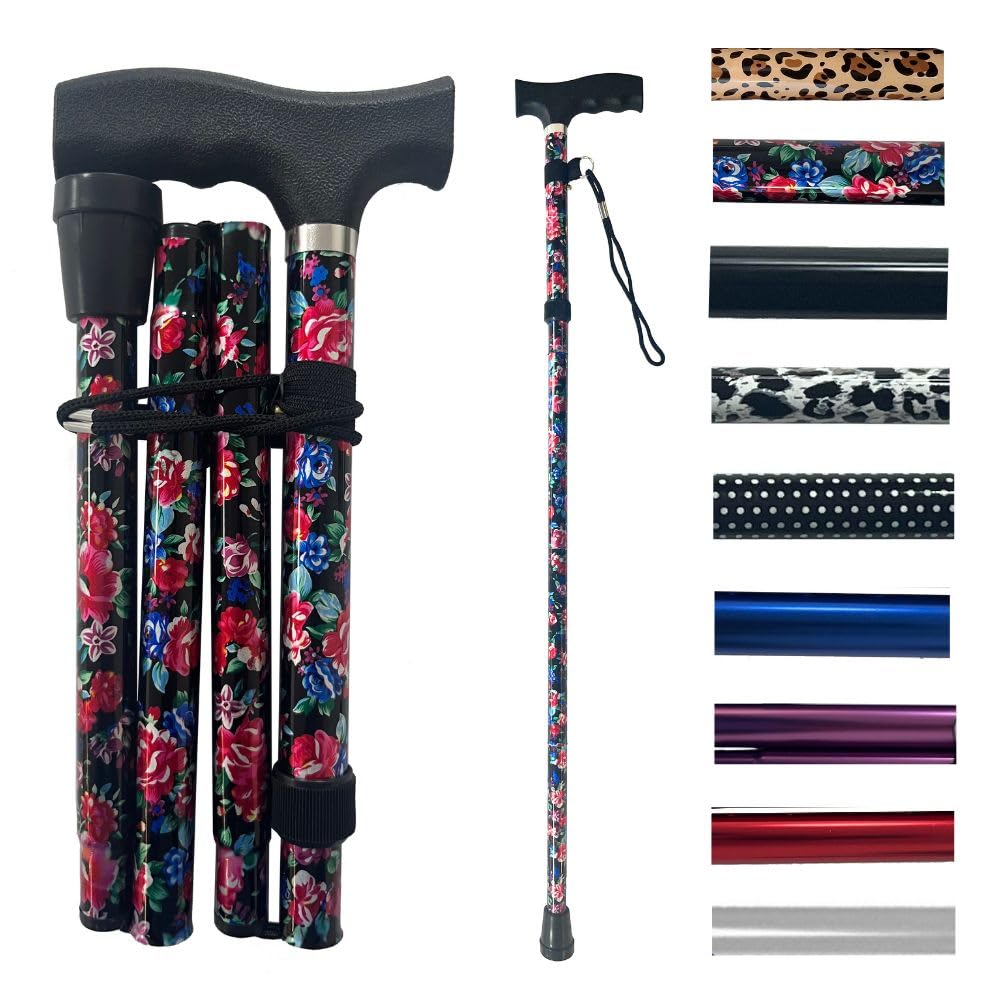 Life Folding Walking Stick for Women & Men – Lightweight Adjustable Aluminium Cane (84–94cm) with Ergonomic Handle, Wrist Strap & Non-Slip Rubber Tip – Travel Foldable Mobility Aid (Black Floral)