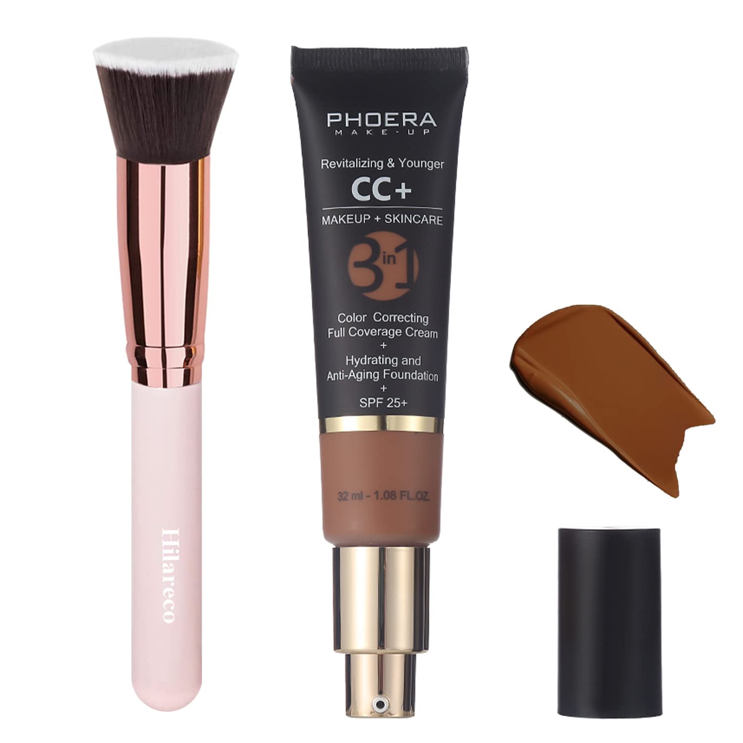 PHOERA CC+ Cream,Full Coverage Foundation，Color Correcting Cream,Anti Aging Hydrating Serum & SPF 25+ Sunscreen - Natural Finish - 1.08 fl oz (200 Mocha)