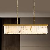 48" Rectangle Alabaster Chandelier, Gold Dining Room Light Fixtures Over Table with Adjust Height,8-Light Natural Marble Mode