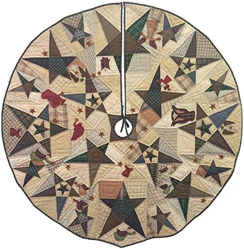 Primitive Star with Angels Quilted Christmas Tree Skirt 60 Inches Round 100% Cotton Handmade Hand Quilted Appliqued Embroidered Heirloom Quality
