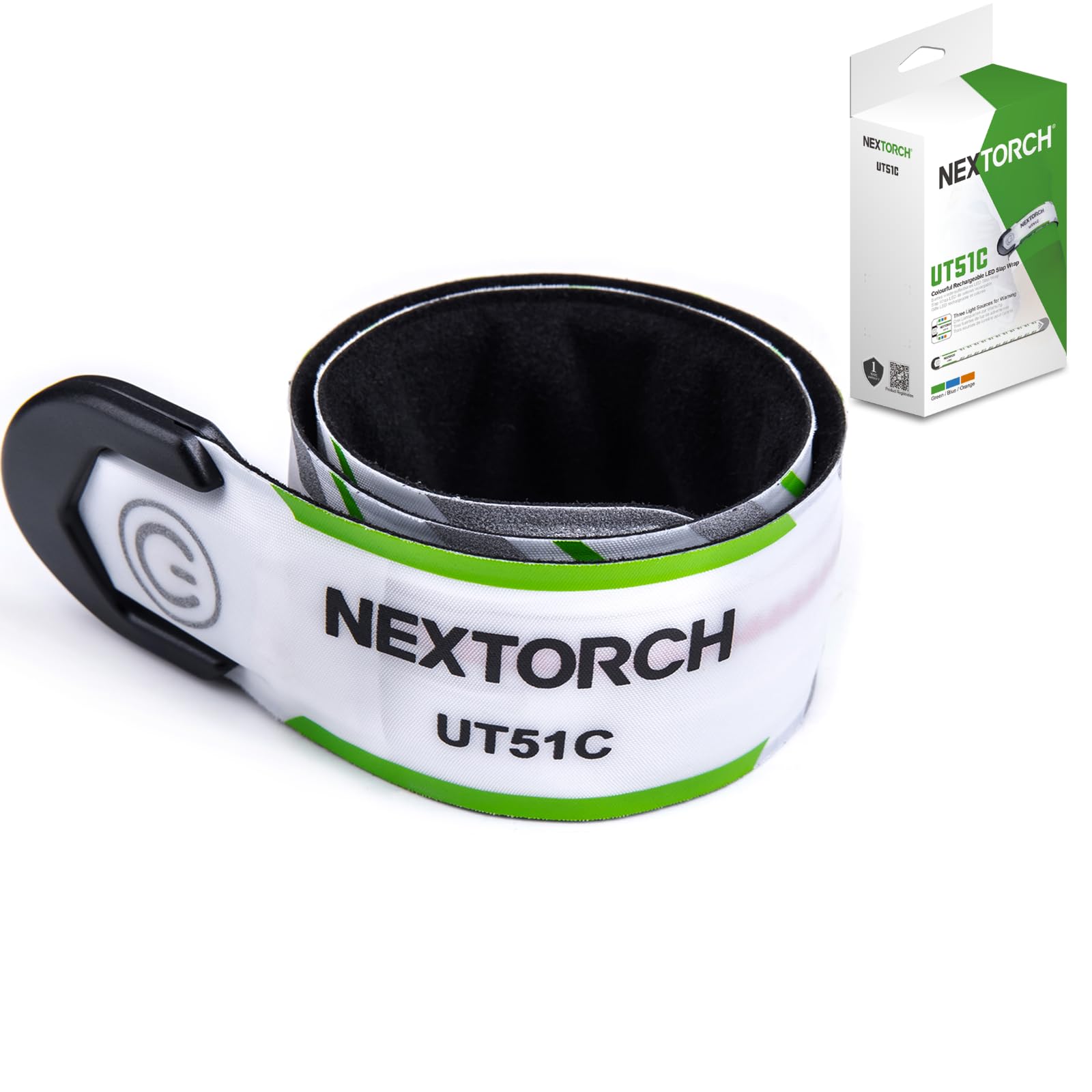 Nextorch LED Slap Bracelets Wrist Wrap Flashing Lights for Runners, Rechargeable Reflective Armband Running Gear for Jogging Cycling Night Walking Green Blue Orange Light, 7 Modes UT51C