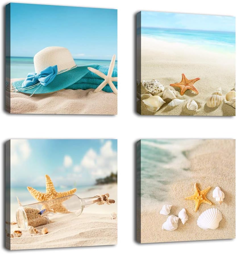 Ocean Decor Canvas Wall Art Bathroom Wall Decor Shell Starfish Drift Bottle Blue Beach Canvas Picture Artwork Turquoise Contemporary Wall Art Bedroom Living Room Decoration 12" x 12" x 4 Pieces