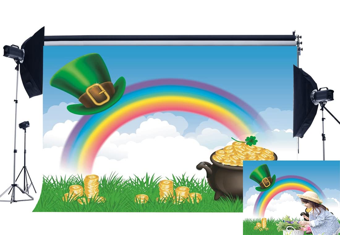 Haosphoto Happy St.Patrick's Day Backdrop 7X5FT Vinyl Lucky Irish Shamrock Backdrops Pot of Gold Leprechauns' Hat Golden Coins Rainbow Grass Meadow Photography Background for Photo Studio Prop QB233