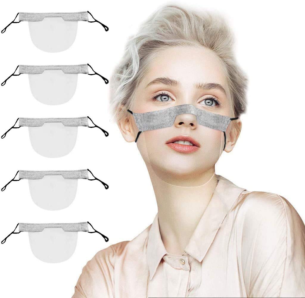 SHATCHI Plastic Reusable Half Clear Masks Mini Washable Windproof Visual Face Guard Transparent Mouth Shield Bandanas Protective Adjustable Cord Black/Grey, (1pc-10pcs), 10