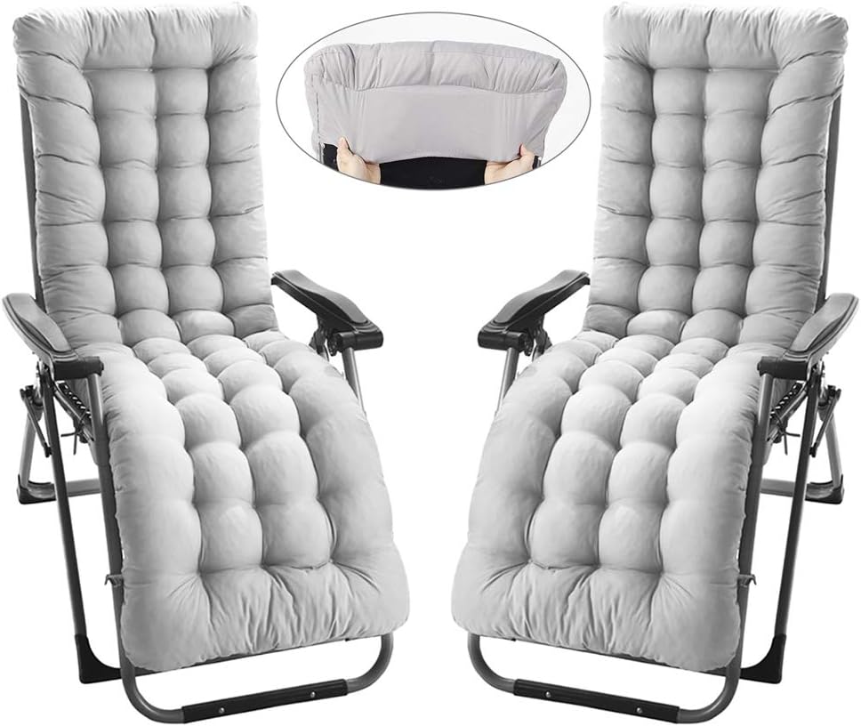 angellovely 2Packs Sun Lounger Cushion Pads Replacement with Non-Slip Back Cover, Luxury Thick Lengthen Recliner Cushion for Outdoor Garden Patio Beach High Back Chair Relaxer (gray)