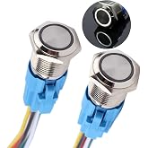 DMWD 2PCS 16MM Momentary Push Button Switch 12V-24V Ring Led 1NO 1NC Self-Reset ON/Off Metal Round Waterproof 5/8&rsquo;&rsquo; Mounting Hole with Wire Socket(White Led)