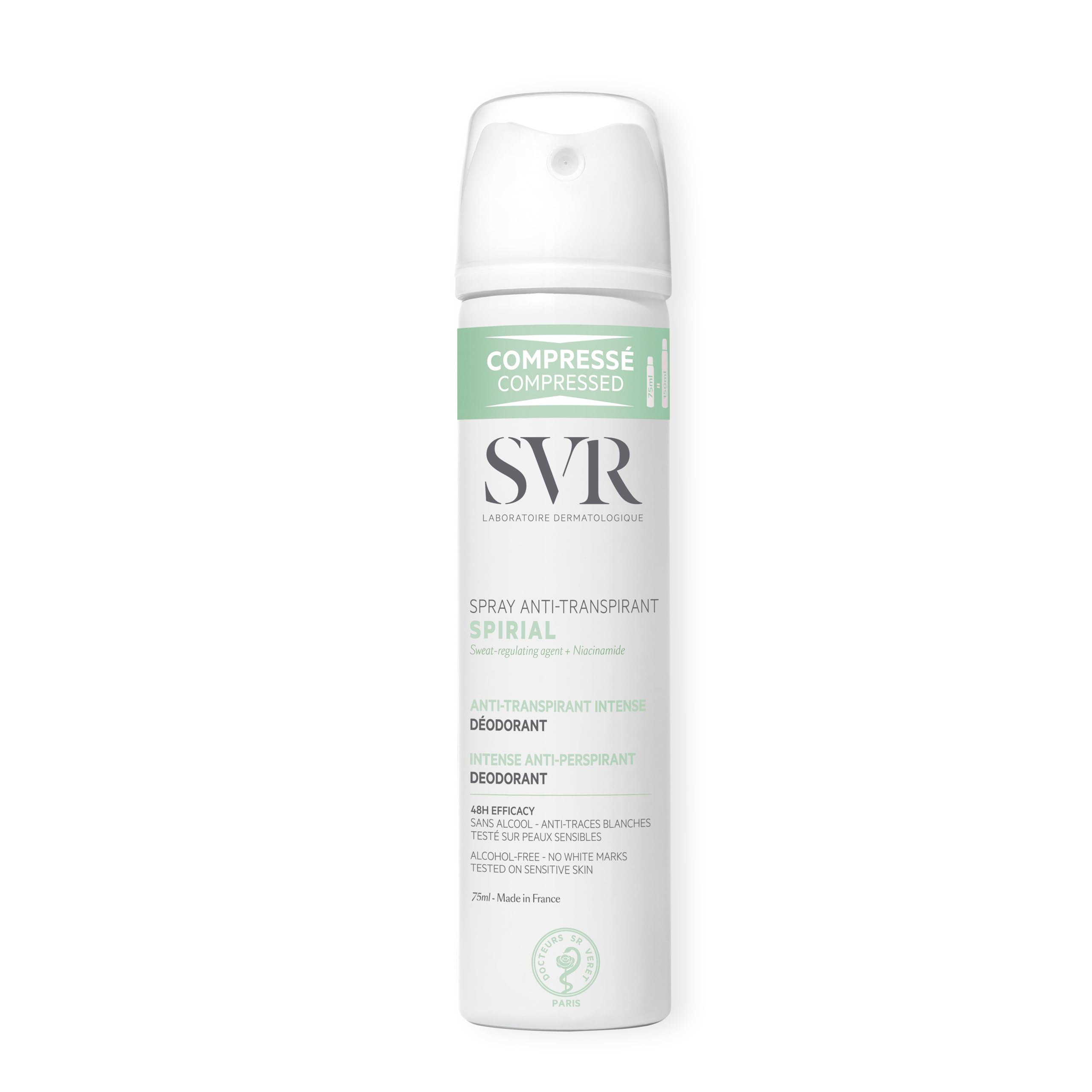 SVR SPIRIAL Compressed Antiperspirant Deodorant, 48-Hour Protection, 75ml Spray, for Normal to Excessive Sweating, Dermatologist-Tested (Classic)
