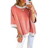 SHEWIN Womens Tops Casual Short Sleeve Sweatshirt Crewneck Striped Shirt Pullover T Shirts Loose Blouses