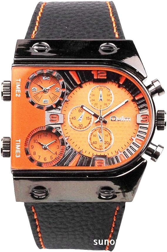 Amazon Oulm メンズ ミリタリー オーバーサイズ マルチタイムゾーン 3つの文字盤 レザー アナログ スポーツ腕時計 Hp9315b ブラックバンド オレンジフェイス メンズ腕時計 腕時計 通販