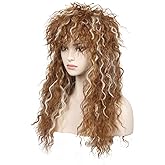 WildCos Long Curly 80s Mullet Wigs Punk Heavy Metal Rocker Wig Halloween Costume Male Cosplay Wig for Women (Brown with Blonde)