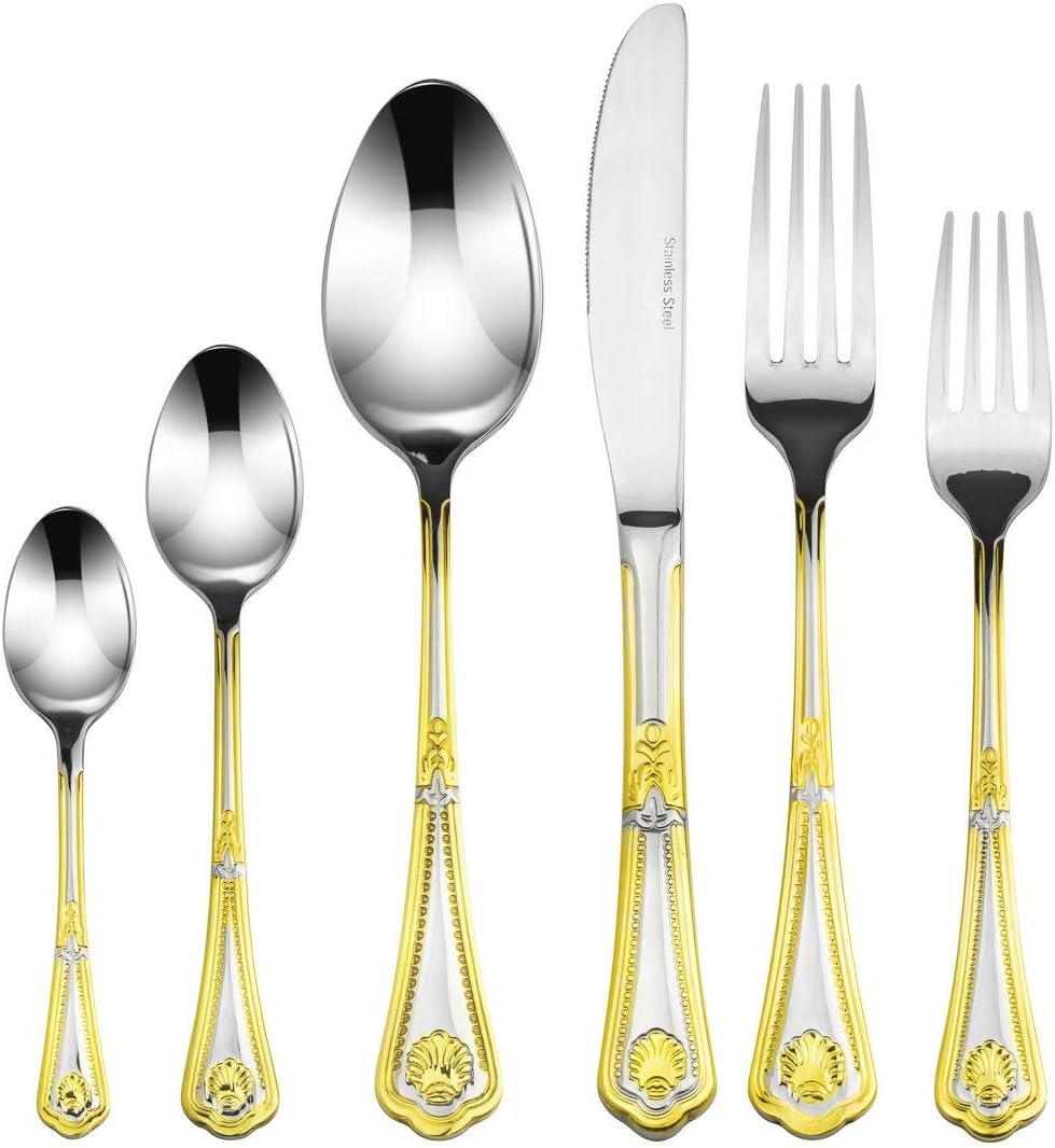 75-Piece Premium Surgical Stainless Steel Silverware Flatware Set 18/10, Service for 12, 24K Gold-Plated Hostess Serving Set (Seashell)