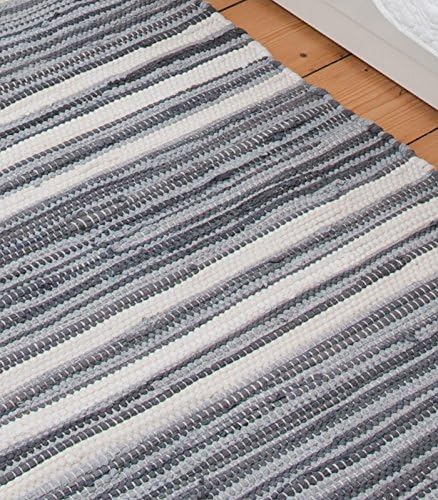 Scandinavian washable grey and white stripe woven cotton rag rug - floor runner, 75cm x 200cm