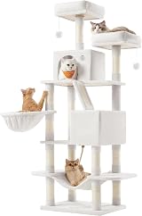 Feandrea Cat Tree 168 cm Large Tower 13 Scratching Posts 2 Caves Cream White