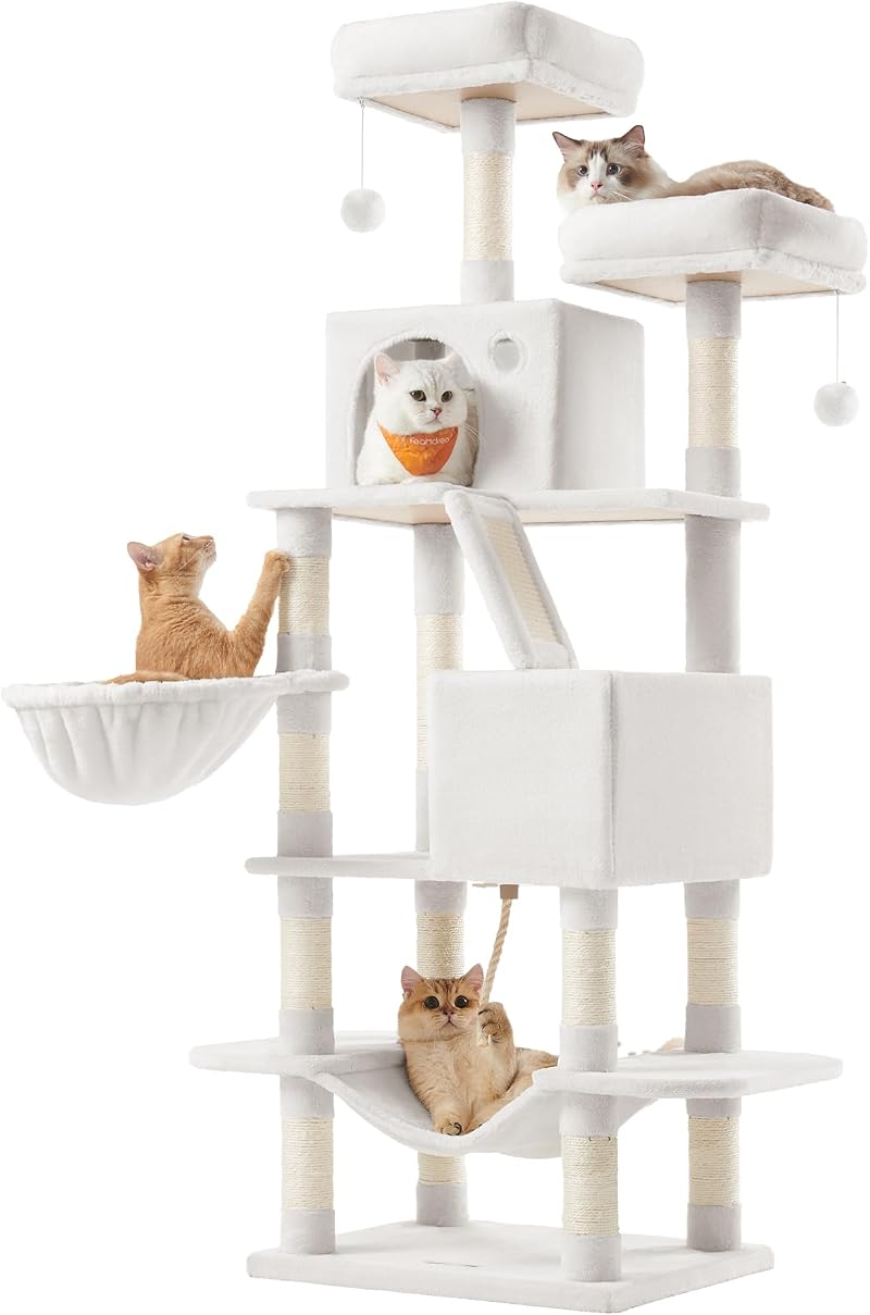 Feandrea Cat Tree 168 cm Large Tower 13 Scratching Posts 2 Caves Cream White