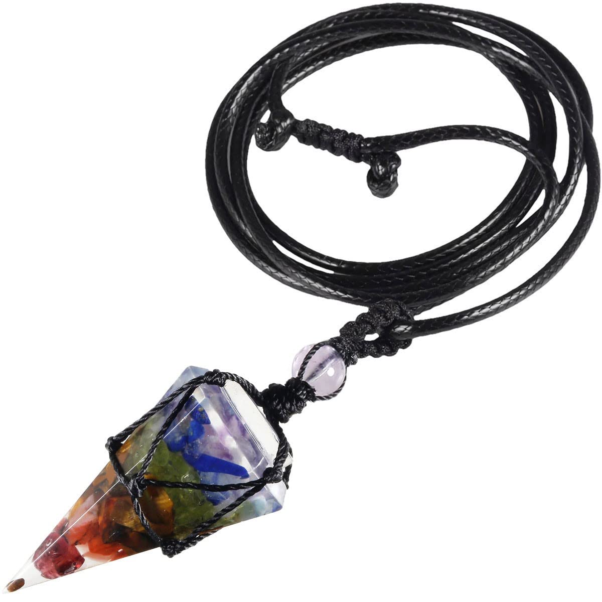 KYEYGWO Hexagonal Crystal Pendant with Adjustable Leather Cord, Polished Pointed Quartz Stone Healing Necklace Reiki Pendulum Chain, 7 Chakra Stone