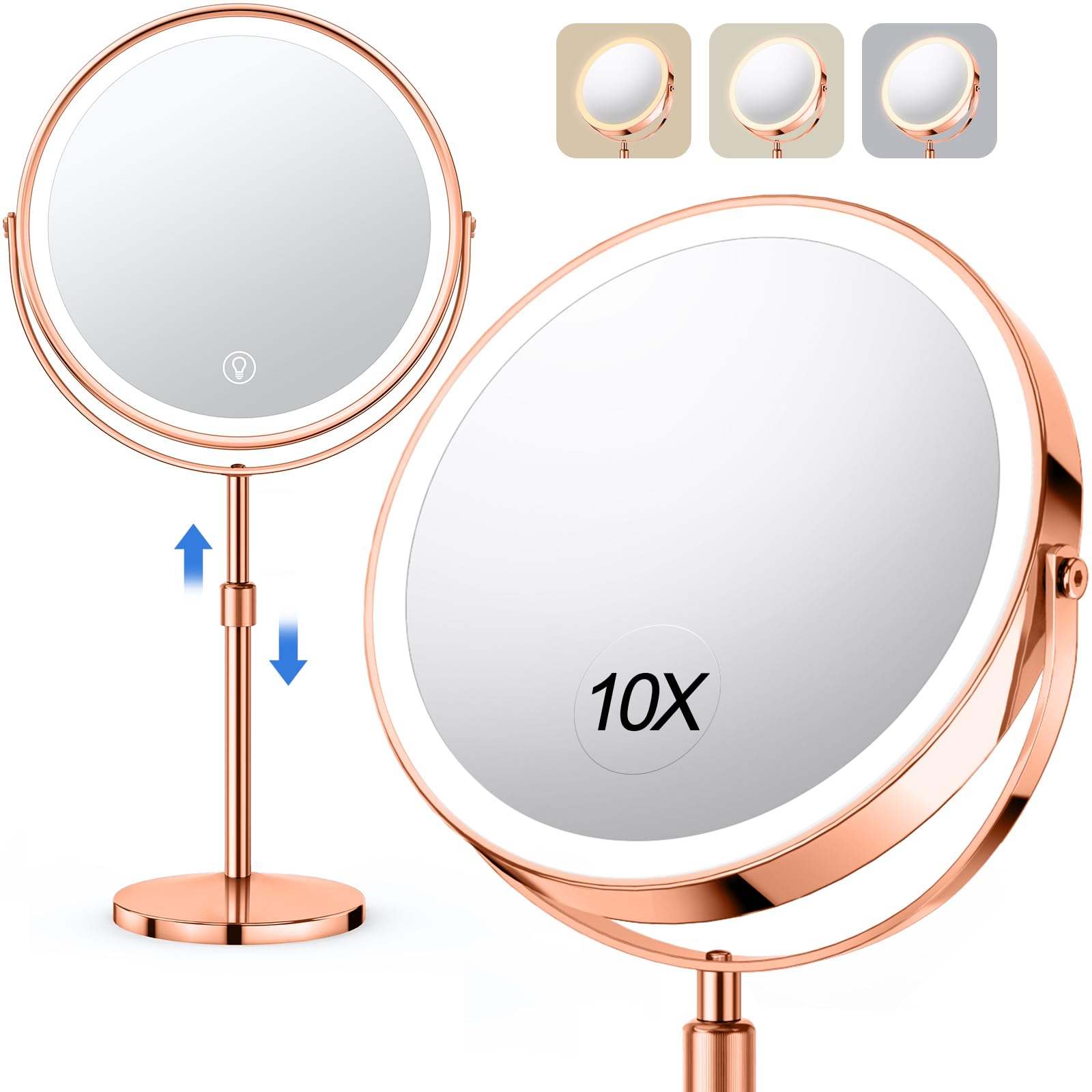 Photo 1 of 10X Large Lighted Makeup Mirror, Rechargeable 8" Height Adjustable Vanity Mirror, 1x/10x Magnifying Mirror with 3 Color, Brightness Adjustable, 360° Rotation Double Sided Mirror, Ideal Gift(Rose Gold)