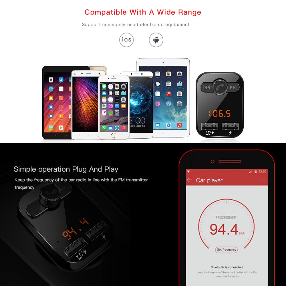 Bluetooth FM Transmitter for Car Radio,Uverbon Wireless In-Car FM Transmitter Audio Adapter Receiver With Hands-free Call +3.1A Dual usb car charge for iPhone, Samsung, etc