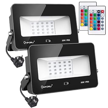 Onforu 2er Pack RGB 35W LED Strahler mit Fernbedienung | IP66 Wasserdicht 16 Farben und 4 Modi LED Fluter mit EU-Stecker | LE
