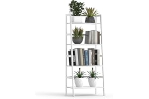 Thalomely Bamboo White Bookshelf, 4-Tier Ladder Shelf Freestanding Space Saver Open Bookcase Book Shelf, Bamboo Storage Shelving Unit Flower Plant Stand for Living Room, Bathroom, Home Office