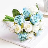 Jasion Artificial Roses Flowers 12 Heads Arrangement Silk Bouquet for Home Office Parties Bridal and Wedding Decoration (Blue and White)
