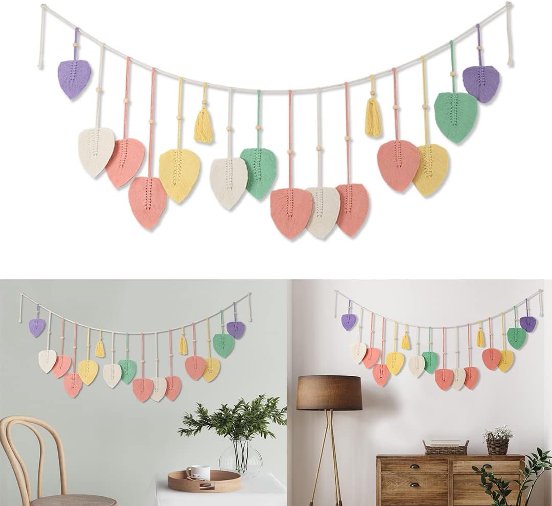 Tapestries - Large 63inx32in Macrame Wall Hanging -- Boho Wall Decor Feather Woven Leaves Tassels Decoration - Leaf Yarn Wall Hanging Tapestry Handmade Woven Wall Art for for Bedroom, Headboard, Living Room, Boho Nursery Decor