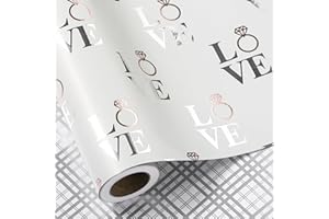 LeZakaa Reversible Wedding Wrapping Paper Roll, Love with Ring & Plaid Design Silver Foil for Mother's Day, Bridal Shower, Anniversay, Engagement, Valentines,17 inches x 32.8 Feet