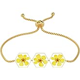 EcoJewere Pearl Plum Pressed Wildflower Bracelet, Gold Pressed Flower Bracelet, Personalized Jewelry with Real Flowers, Adjustable Flower