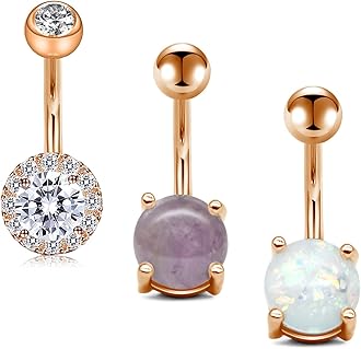 QWALITBelly Rings - Short Bar Belly Button Rings in Surgical Steel with Opal Stones - 6mm & 10mm