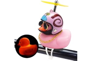 wonuu Rubber Duck Car Ornaments Pink Duck Bike Bell Cute Duck Car Dashboard Decorations Squeeze Duck Bicycle Horns with Propeller Helmet, Bandage and Gold Chain