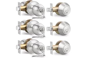 Brotima 3 Pack Keyed Entry Door Knob and Single Cylinder Deadbolt Combination Set in Satin Nickel, Exterior Door Knob with Deadbolt, Keyed Alike Door Lock Sets Deadbolt Combo