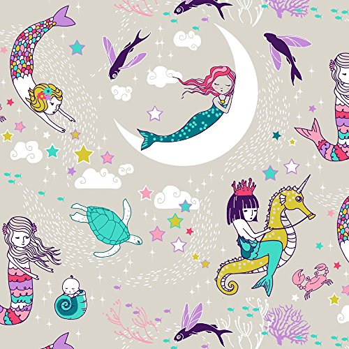 Spoonflower Mermaid Fabric - Mermaid Seahorse Turtle Fairytale Magical Moon Ocean - by Nouveau Bohemian Printed on Cotton Spandex Jersey Fabric by The Yard