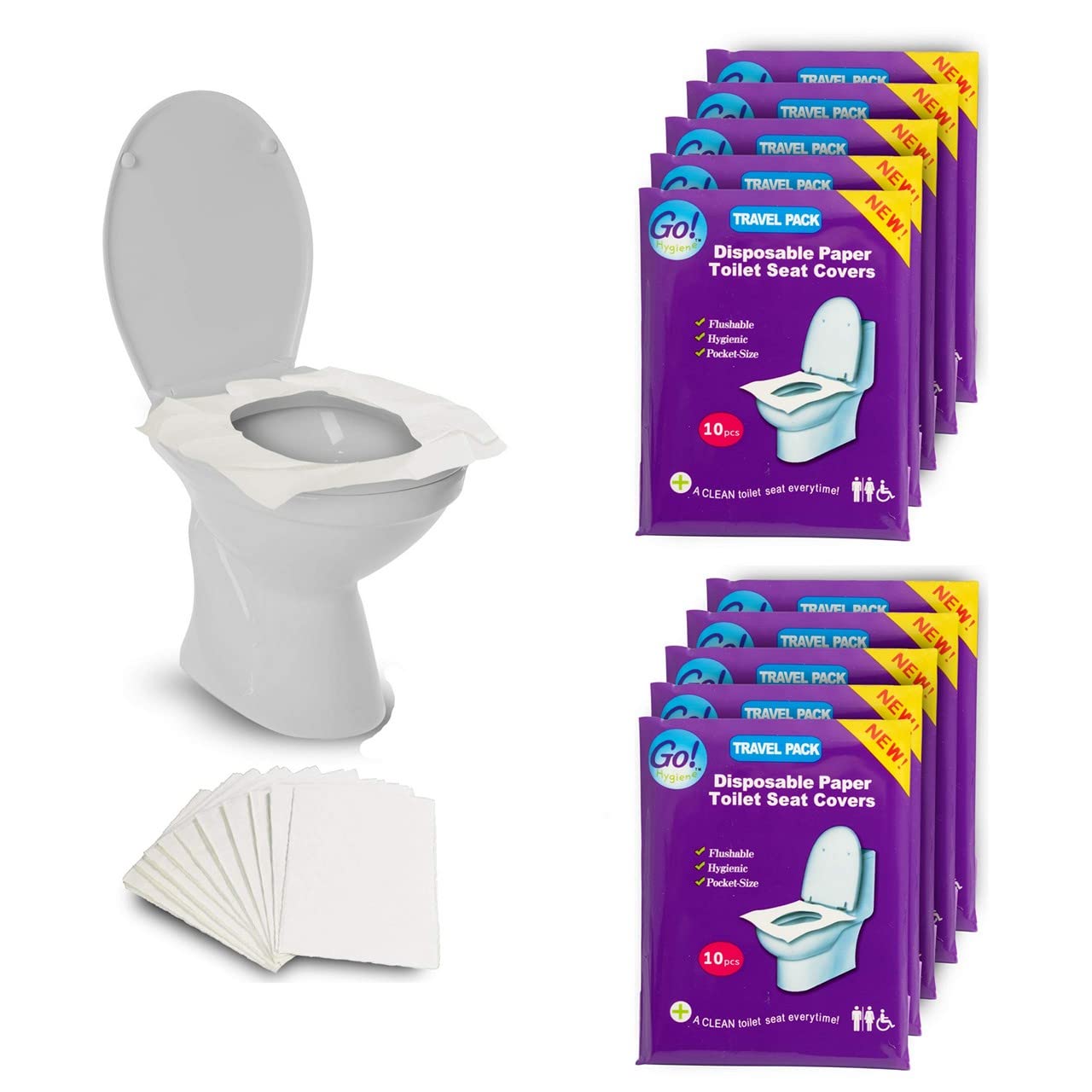 Travel Essential - Disposable Paper Toilet Seat Covers - 8 PACKS (80Pcs) + 2 FREE PACKS! - GoHygiene! by GoHygiene