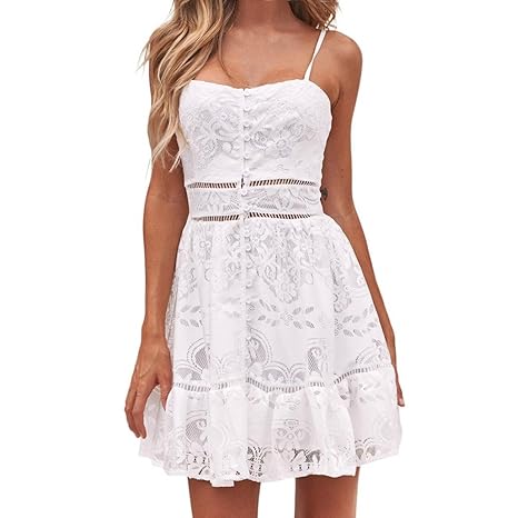 Kleid Damen Sommer LHWY Frauen Elegantes Partykleid Blumen Print Button Sexy Riemchen Rüschen Rückenfreies weißes Spitzenklei