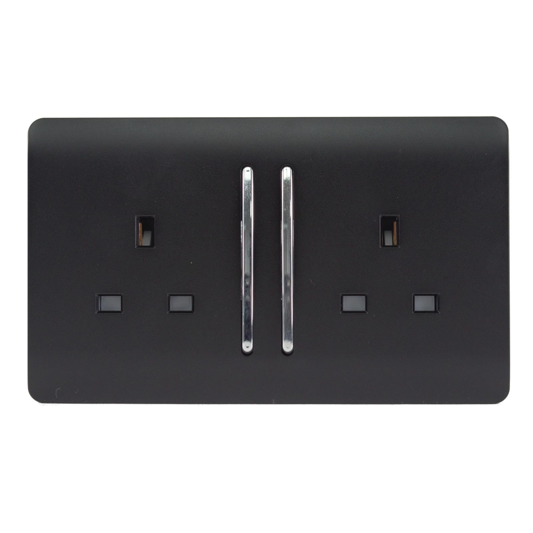 Trendi 2 Gang Raised Artistic Modern Glossy Screwless 13 Amp Single Pole with Chrome Switched UK Standard Electrical Double Wall Plug Socket in Matt Black - ART-SKT213LMBK