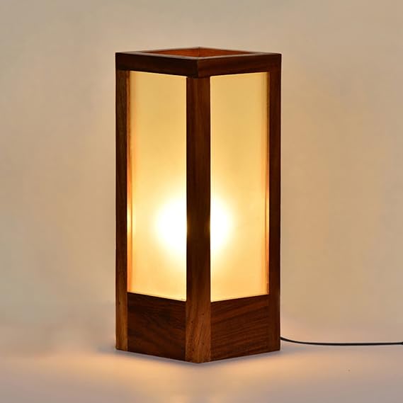 ExclusiveLane 10 Inch Modern Frosted Glass Table Lamp In Sheesham Wood - Table Lamps For Bedroom For Study Table