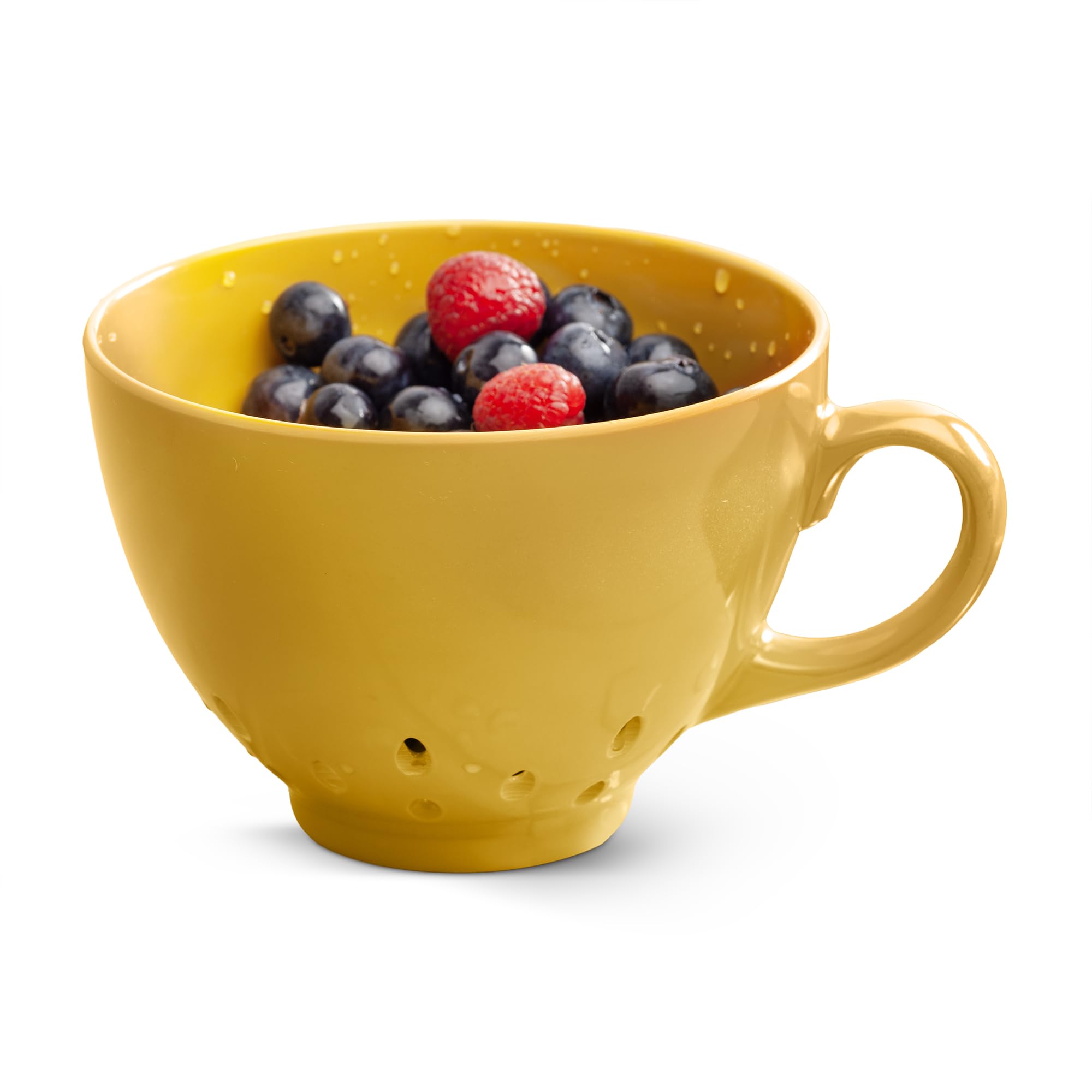 Zeal Berry Colander Cup, Small Hand-held Cup Shape Melamine Strainer/Sieve with Ergonomic Handle, Perfect for Washing Fruits, and Berries, Mustard Yellow